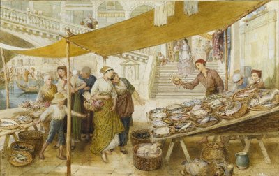 The Fish Market on the Steps of the Rialto Bridge by Myles Birket Foster